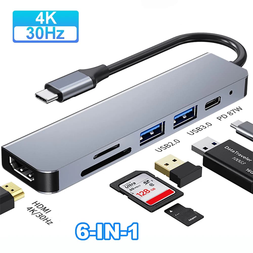USB C HUB 4K 30Hz Tipo C a HDMI compatibile PD 87W USB Splitter Adattatore USB per MacBook Air Pro USB3.0 HUB TF SD Multi Convertitore