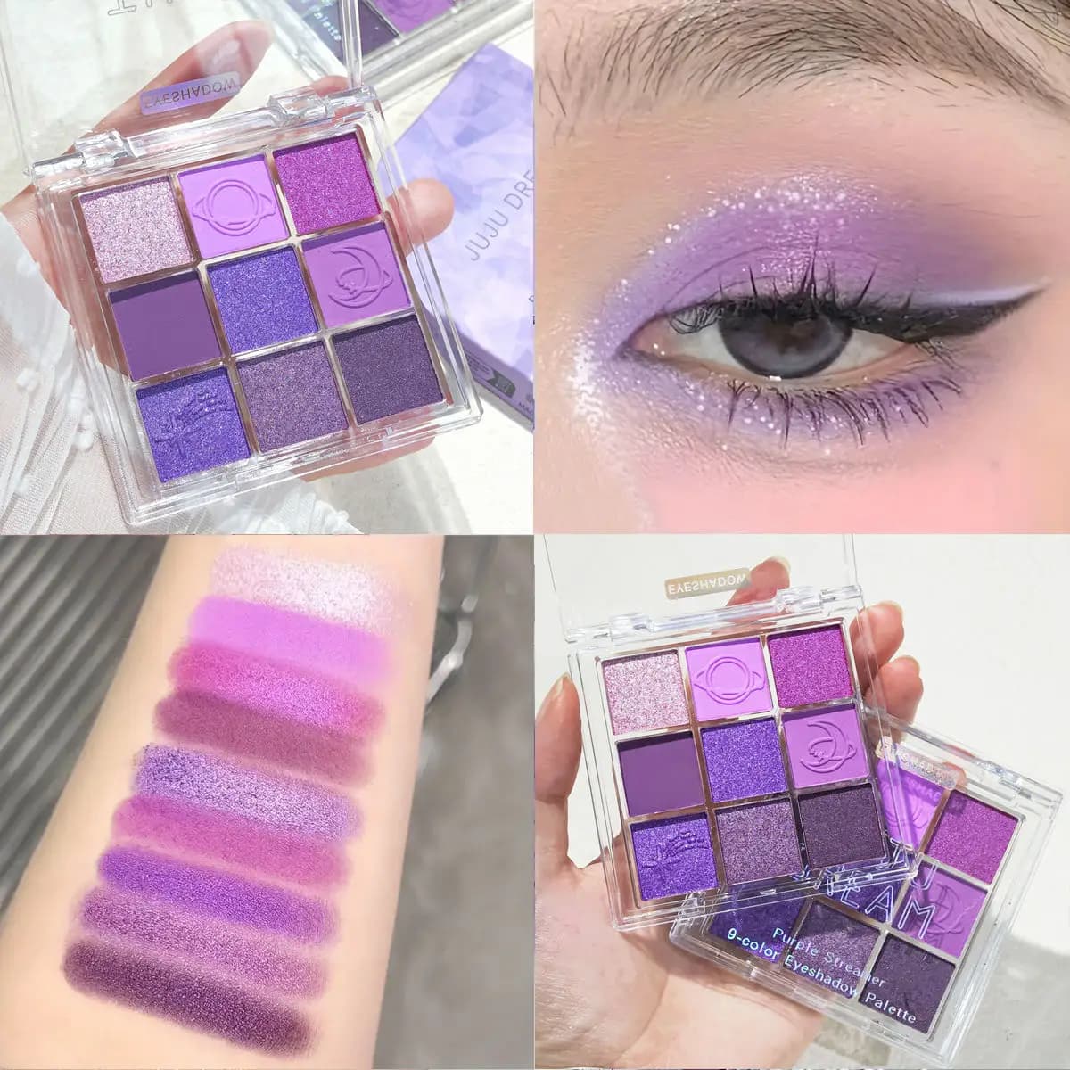 Nine-colored umbrella with purple tassel, smoked purple makeup, opaque perlescent, nine-color shade palette with square grill