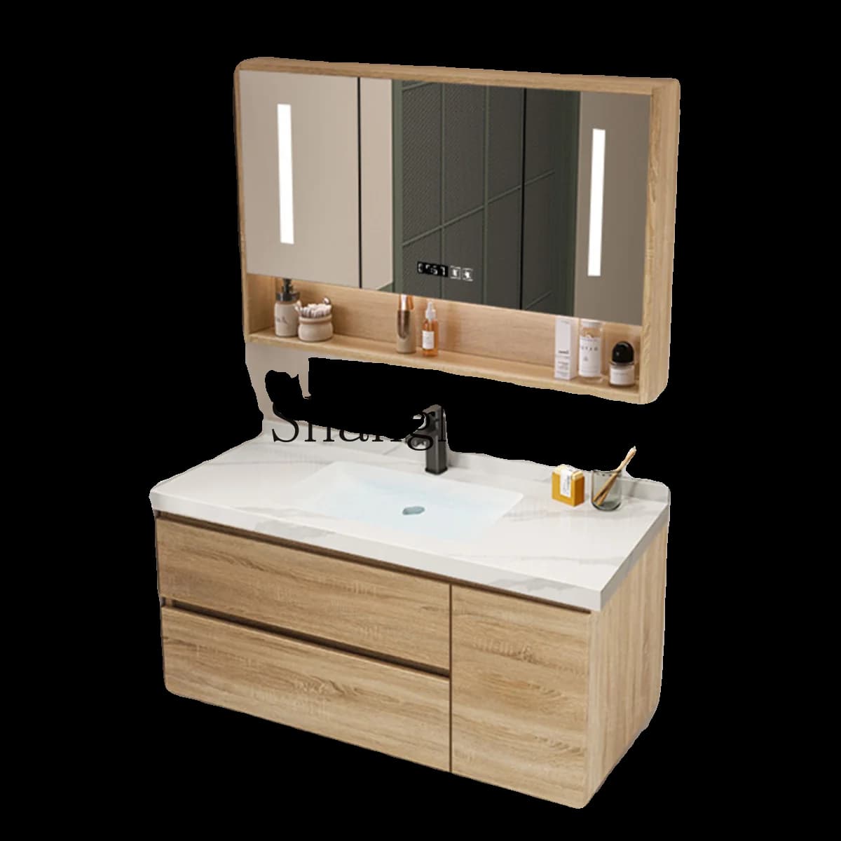 Set Mobile Bagno FG con Lavabo Integrato in Ceramica Senza Giunture, Specchio e Armadietto