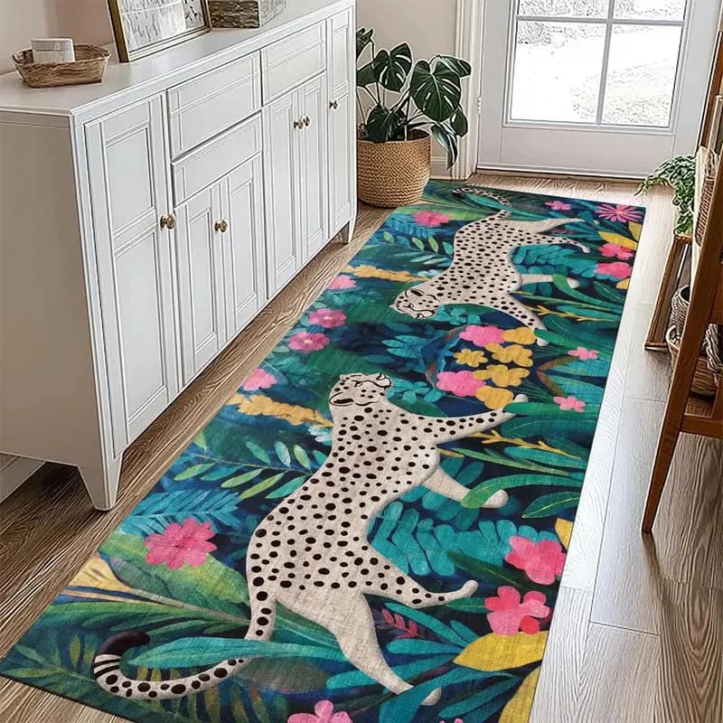 VIKAMA Tropical Jungle Cheetah Floral Runner Rug Non-Slip Soft Bedroom Bedside Mat Hallway Carpet Home Decoration