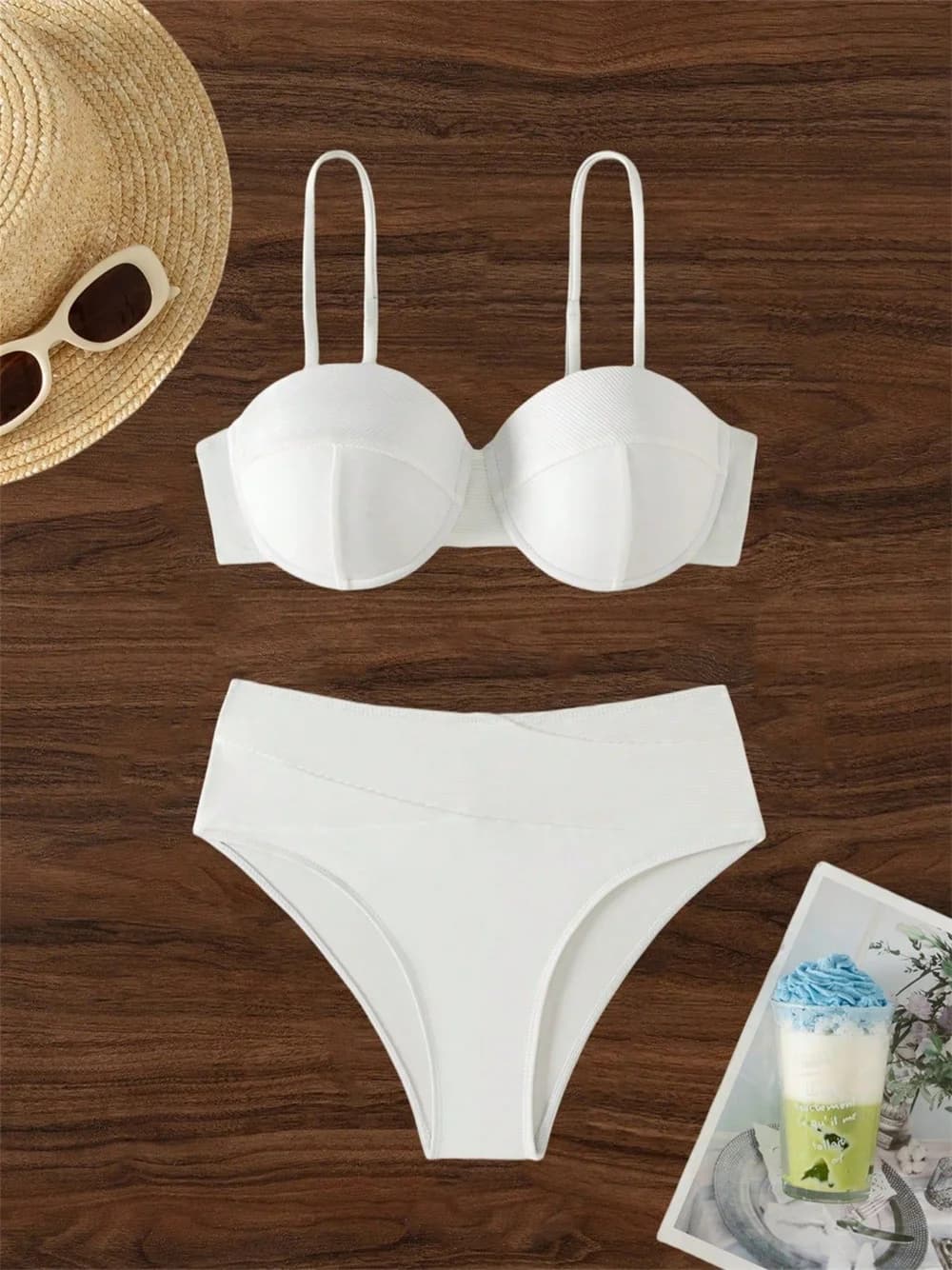 Reggiseno bikini bianco con lacci sul retro Costume da bagno push up con ferretto a vita alta per le vacanze Costume da bagno da donna Costume da bagno da spiaggia