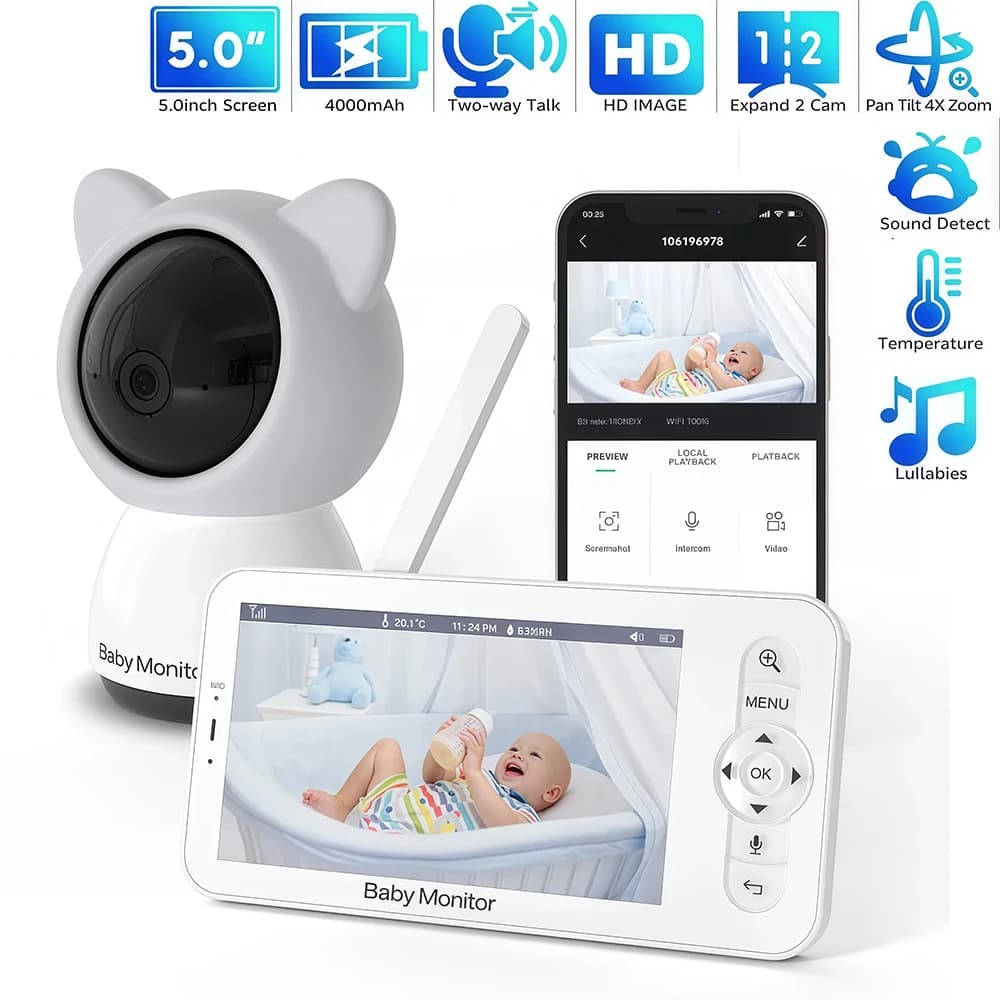 Baby monitor WiFi da 5 pollici Telecamera per bambini con zoom Pan Tilt 1080P tramite schermo e controllo app Visione notturna HD 2K Conversazione bidirezionale Baby Phone