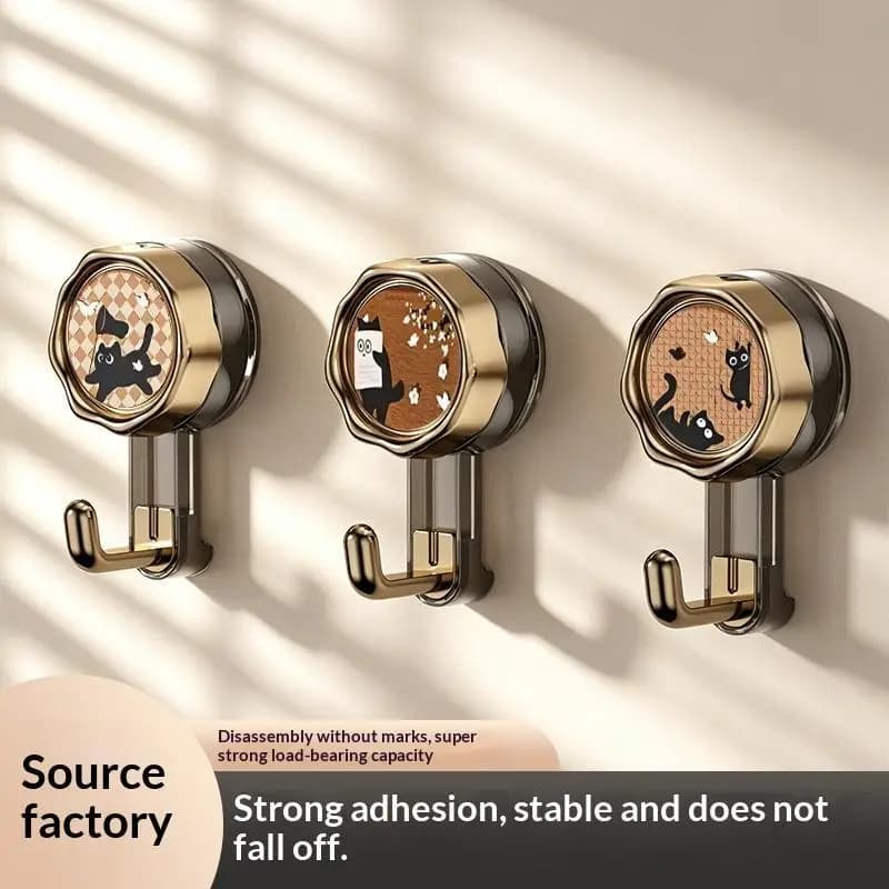 Vintage Suction Cup Rotating Hook, Strong Load Bearing No Drill Cute Cat Pattern Adhesive Hook For Bathroom Kitchen Bedroom