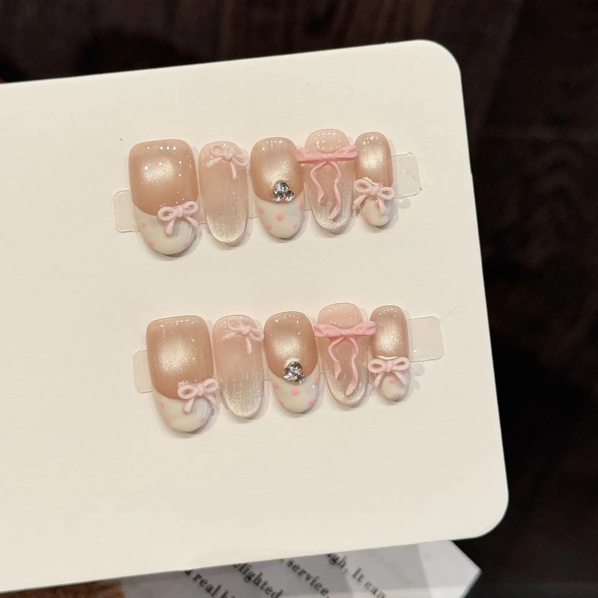 10 pieces of hand-made fake nails, short, ovals, with powder color gradient, with bow, press-on fake nails, sweet and lively french design.