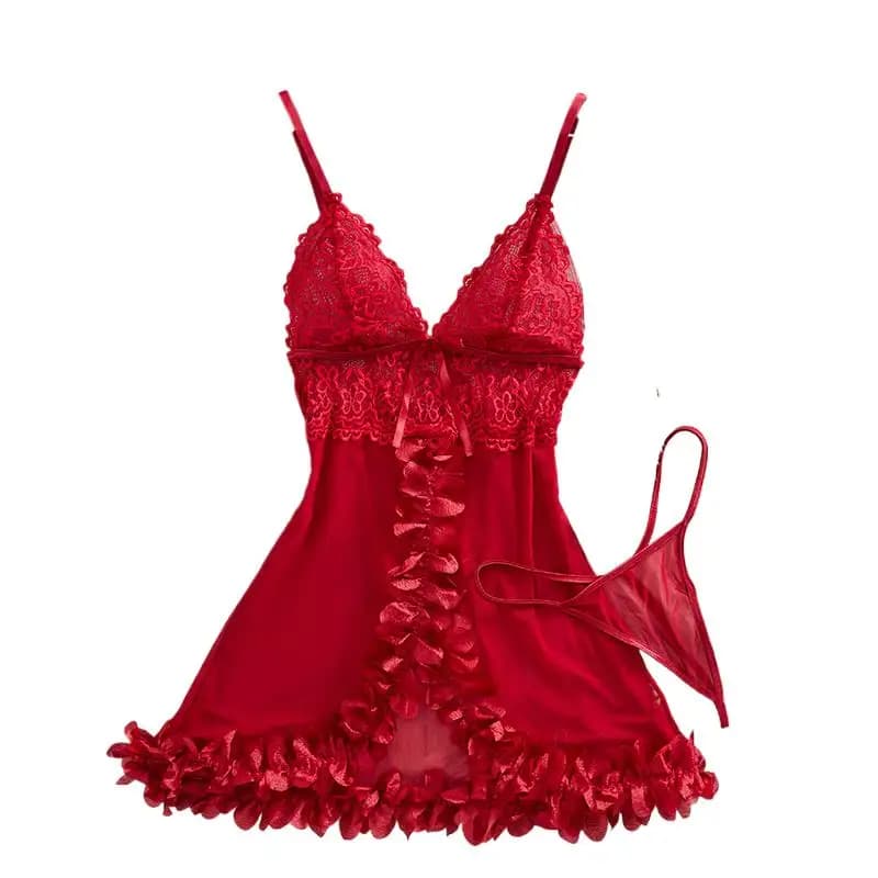 Women's Red Lace Sling Sleepwear Underpants Two-piece Nightgown Dress Set