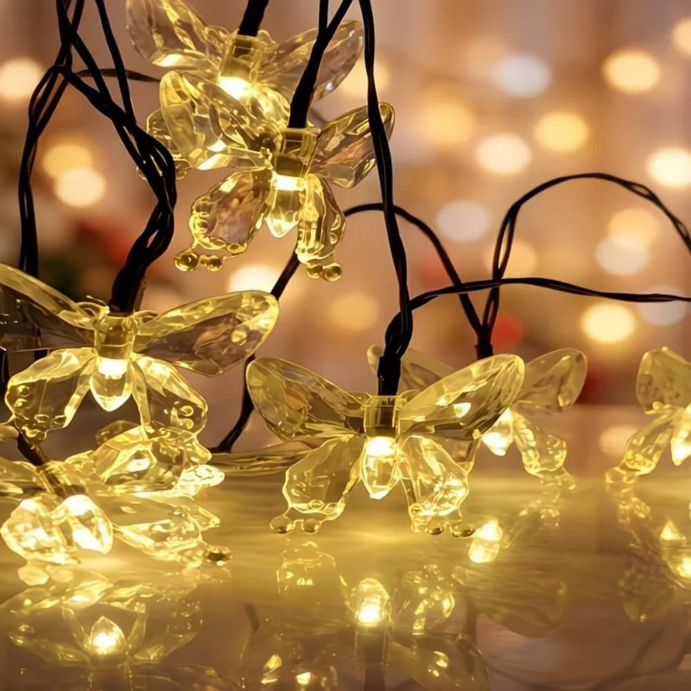 Luci a stringa solari a forma di farfalla in cristallo da 5M/6.5M/7M, 8 modalità di illuminazione, impermeabili per camera da letto, soggiorno, feste e decorazioni nuziali