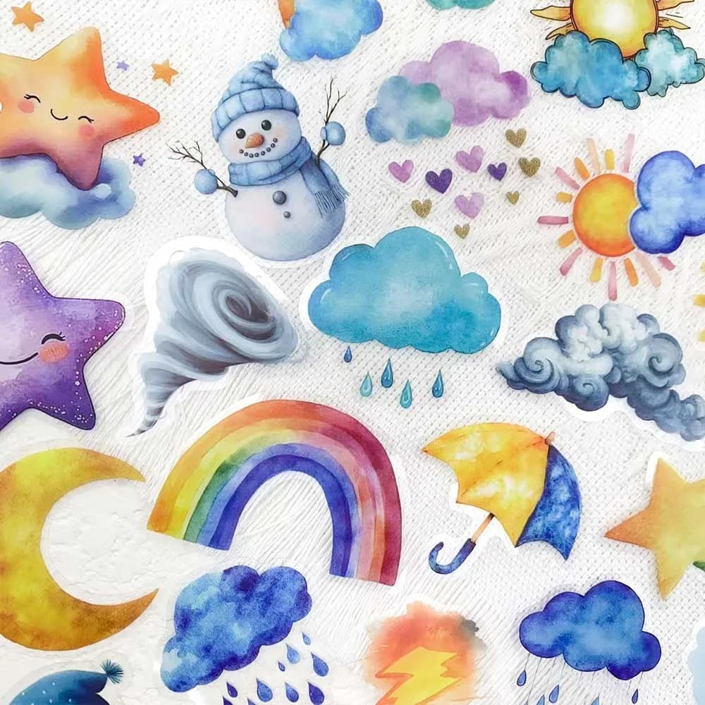 50 pezzi acquerello meteo arcobaleno adesivi PET decalcomanie per laptop notebook valigia adesivi estetici trasparenti fai da te