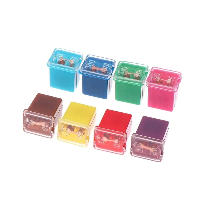 Durevole set di fusibili automobilistici mini quadrati da 5 pezzi 20A-90A, fornito con scatola di plastica.