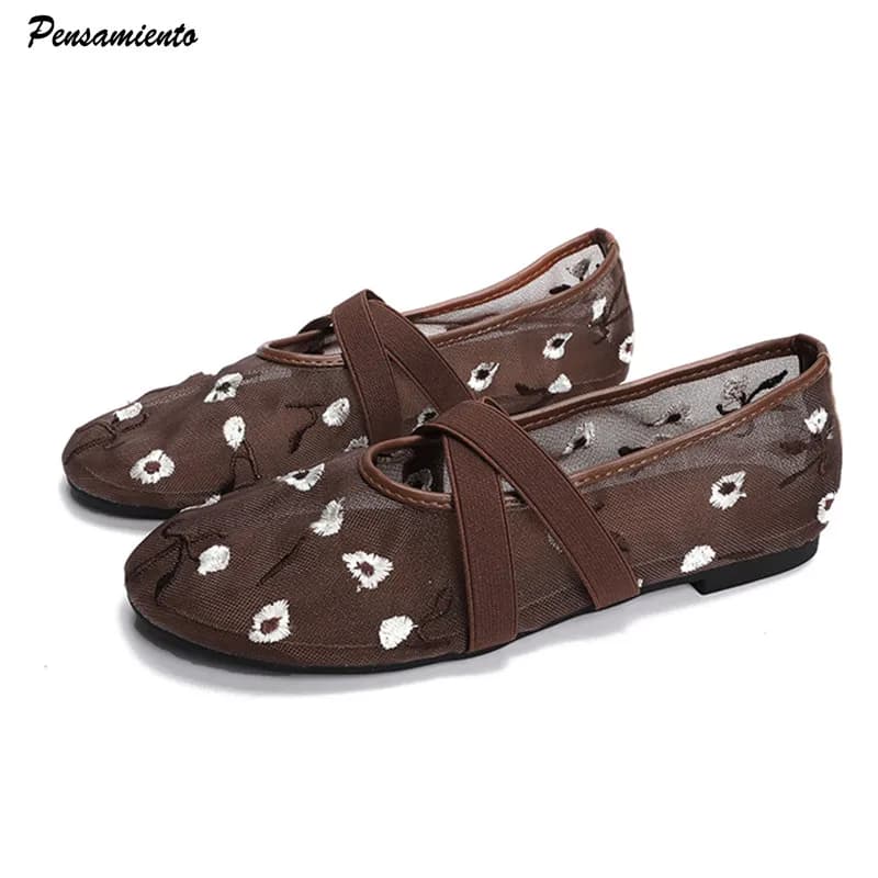 Ins style Fashion Flowers Embroidery mesh Women Ballet Flats Comfortable Soft Soles Mary Janes Ballerinas Loafers Girls Shoes