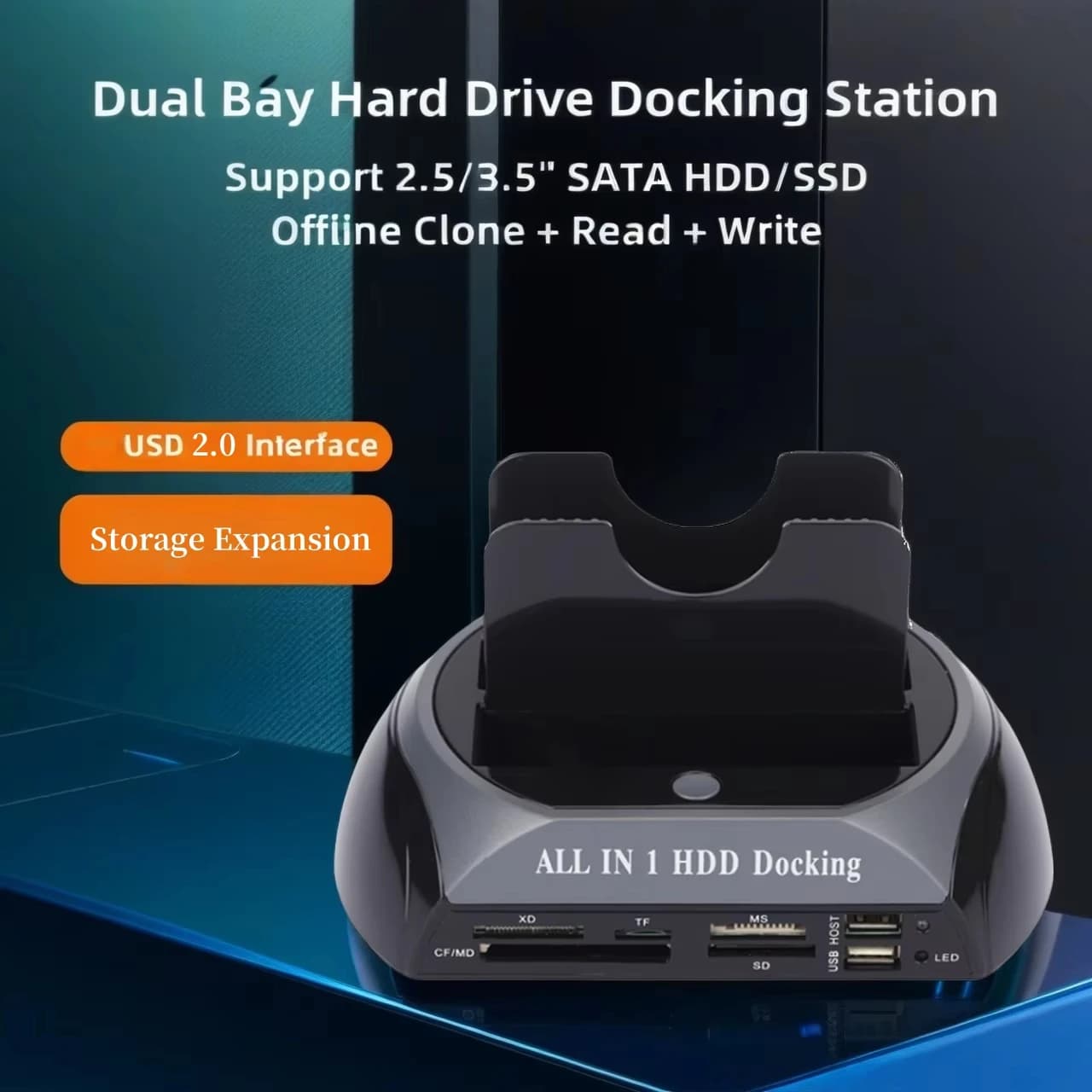 Dual-Bay USB 2.0 Docking Station with Card Reader IDE/SATA/eSATA All-In-One Hard Drive Clone Functionality for Easy Data Managem