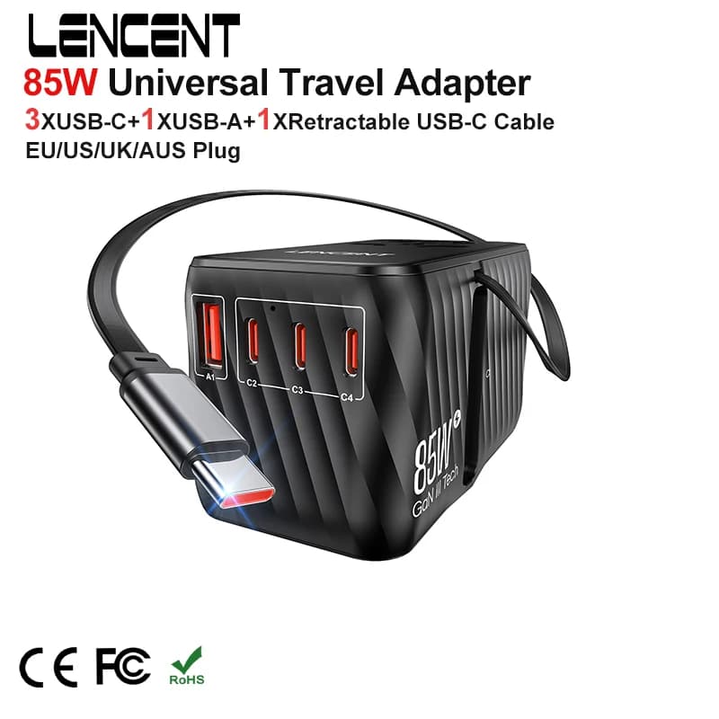 LENCENT Adattatore da viaggio universale GaN da 85 W con 1USB-A + 3 tipo C + 1USB-C + 1 Adattatore di alimentazione di ricarica USB-CFast retrattile per i viaggi