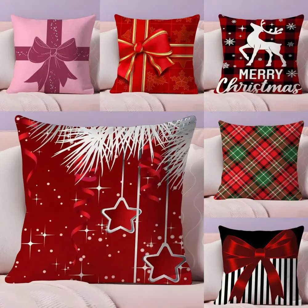 Christmas Gift Box Bow Cushion Cover Plush Fabric Soft Double-Sided Printed Sofa Warm Winter Home Gift Pillow Cover