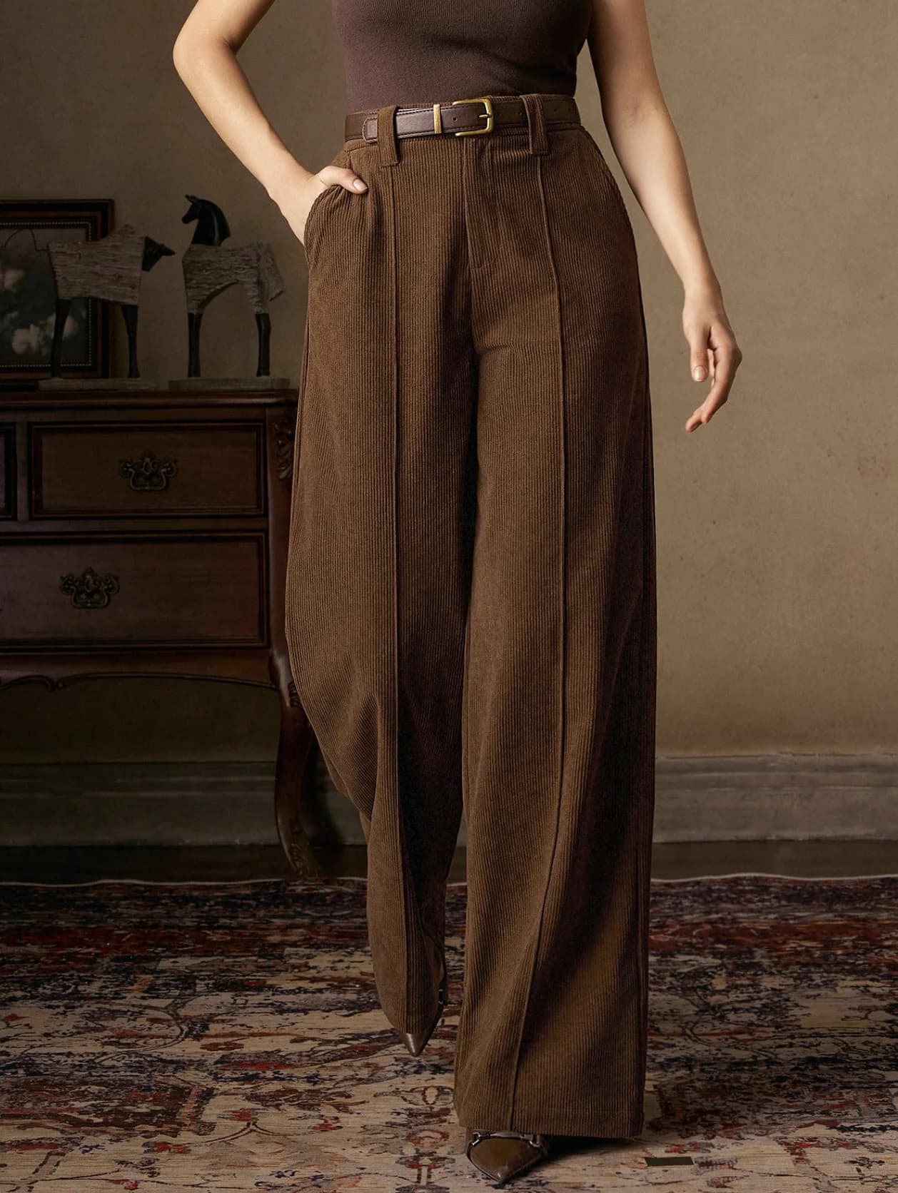 Women's custom-made holiday pants, elegant, casual, fashionable, for outdoor sports, in ribbed velvet, for all seasons (without belt)
