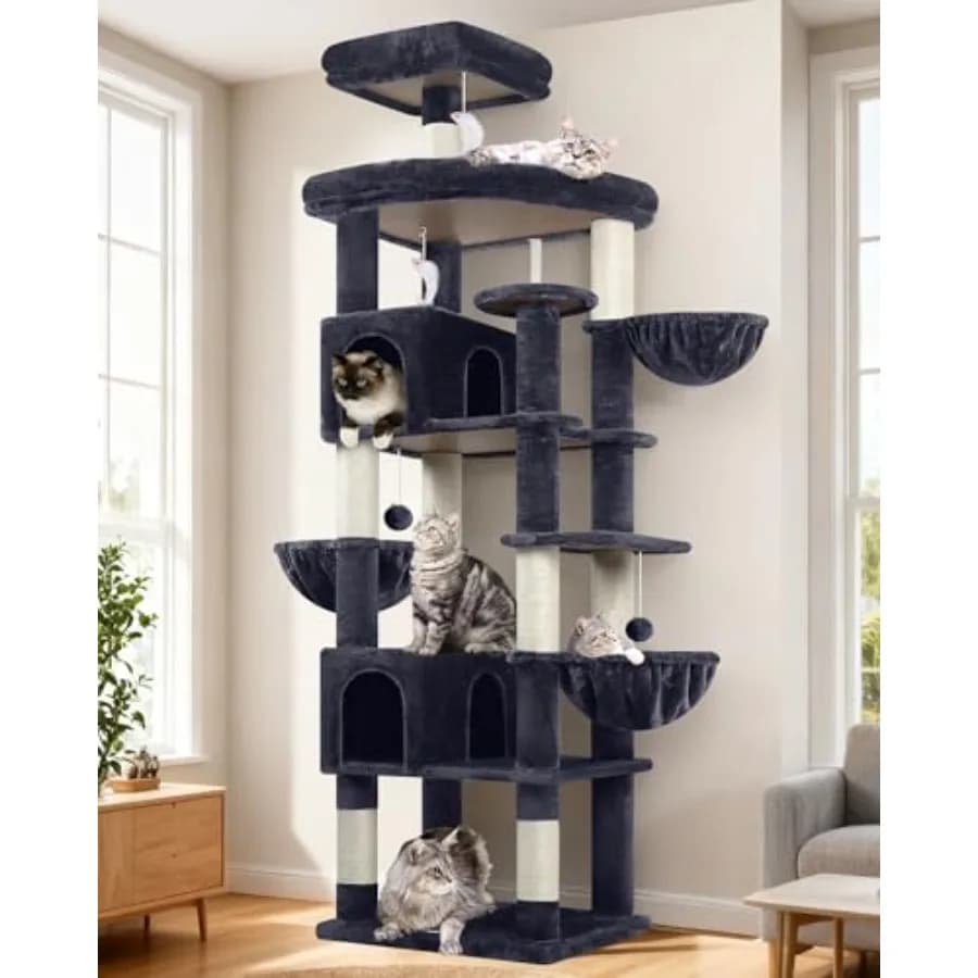 Torre per Gatti Extra Large, 208 cm di Altezza, Robusta, per Gatti da Interno, con 8 Posti per Tirare e 2 Cucce