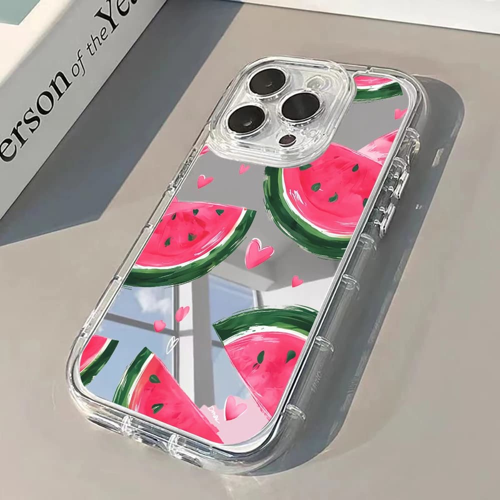 Summer Watermelon Silver Mirror Phone Case For iPhone 17 Air 15 16 17 Pro Max 14 13 12 11 7 8 Plus Pro XR X Max Soft Ins Cover