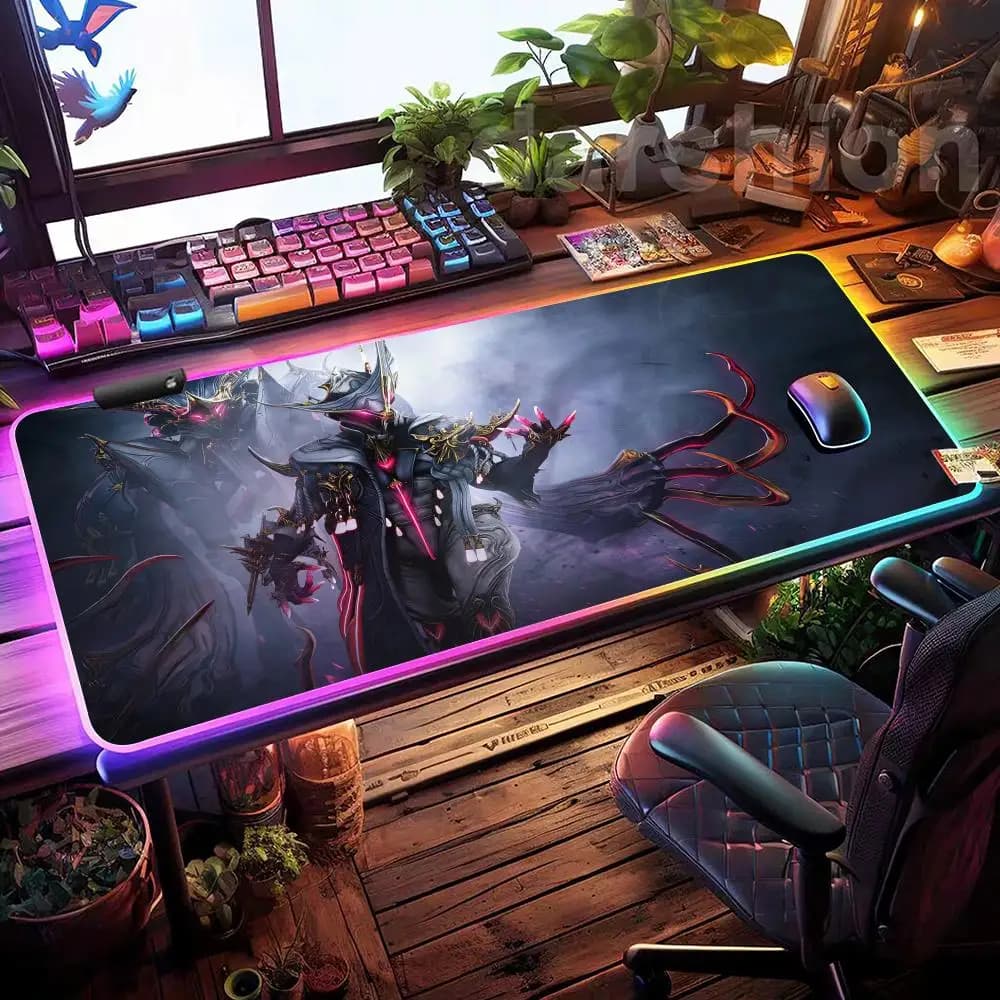 Tappetino per mouse Game Warframe Tappetino per mouse da gioco RGB Tappetino per scrivania Tappetino per mouse XXL con luce LED grande per giocatori HD