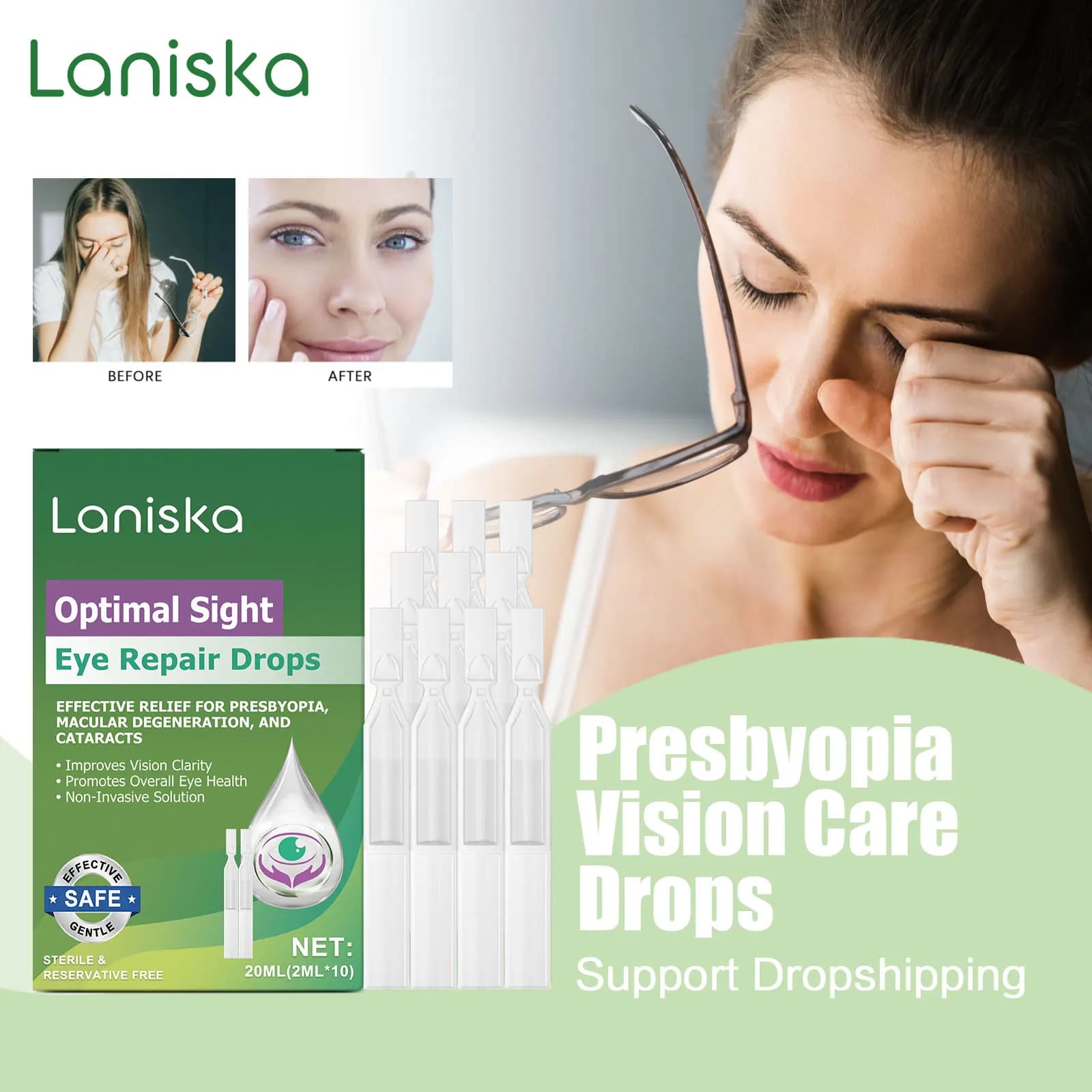 Drops for cataract treatment Improves the view of presbyopia for eyes with dry itching Removal of liquid fatigue for eye discomfort with blurred vision