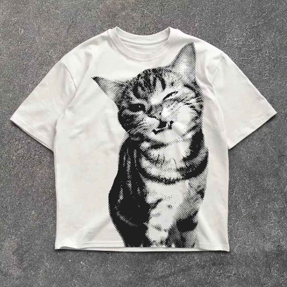 T-shirt estiva in stile Harajuku con stampa di lettere, top in stile Y2K, T-shirt da donna con stampa di gatti, T-shirt estiva in cotone da uomo e da donna