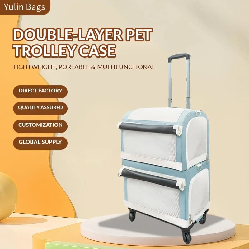 Double Layer Portable Adjustable Pet Trolley Case Airline Approved Rolling Carrier Cats Dogs Breathable Mesh Travel Crate