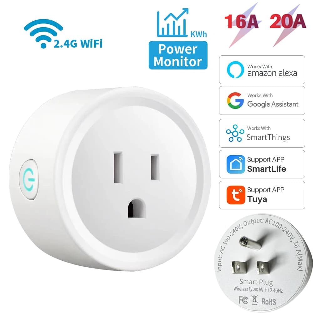 Tuya WIFI Smart Socket American Spina 16A/20A with power monitoring timer function Smart Life App Holds Works with Alexa Google Home