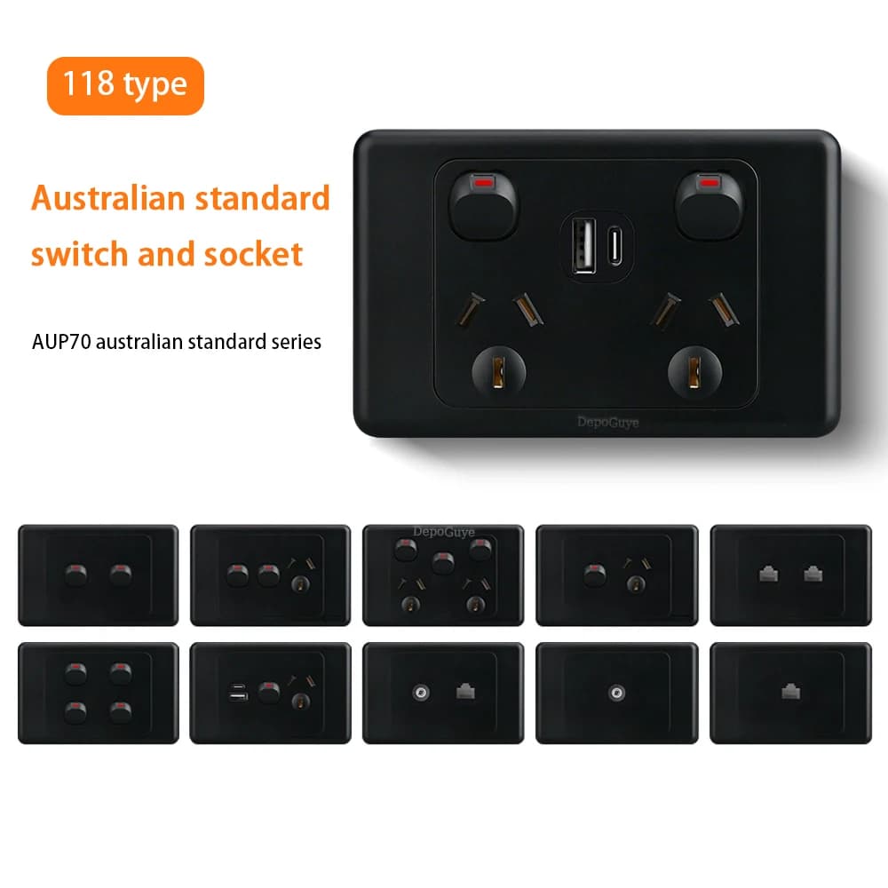 Presa doppia da parete USB C standard australiano nero con interruttore 1/2/3Gang, adattatore per spina AU Presa di ricarica per telefono cellulare 10A