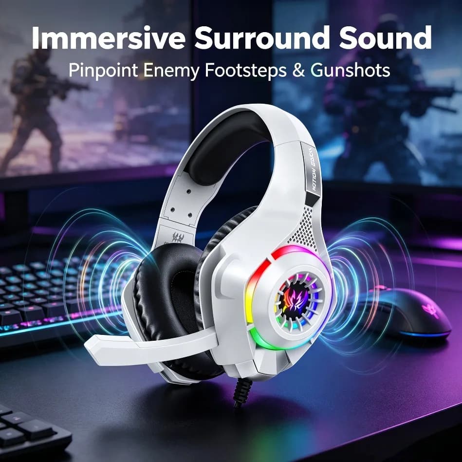 PC Gaming Headset with Mic RGB LED Over Ear Headphones Stereo Surround 3.5mm for Console Laptop Mobile Gamer