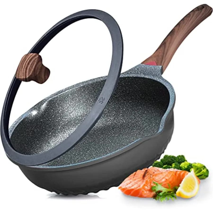 Padella Antiaderente Profonda con Coperchio 11in/5Qt, Padella per Saltarelli con Tecnologia di Rivestimento Ceramico Tedesco 3C+, Indicatore di Calore, Compatibile con Induzione