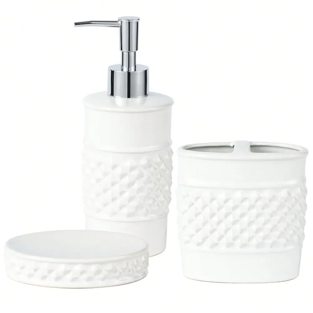 Set di accessori da bagno in ceramica da 3 pezzi, dispenser di sapone lussuoso, portaspazzolino, portasapone con design moderno con motivi geometrici F