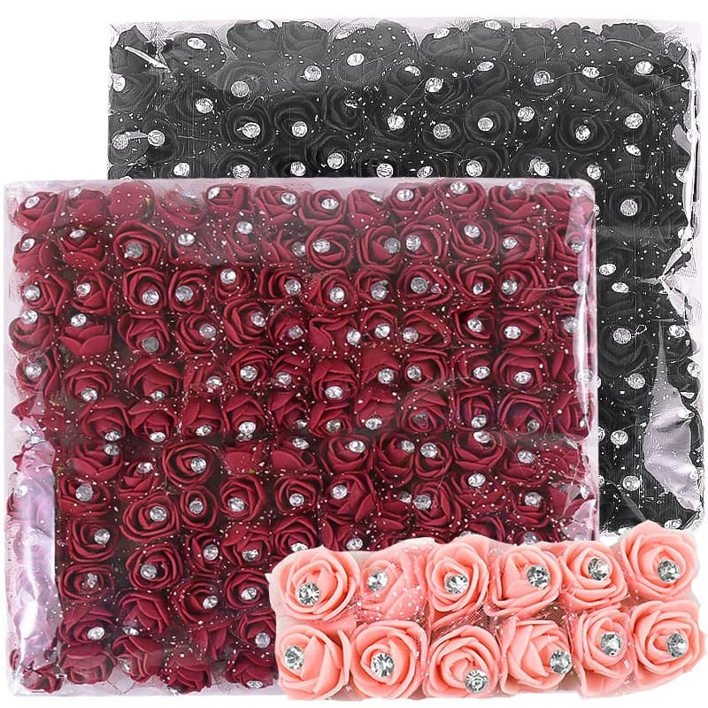 144 pezzi mini fiori artificiali testa con strass schiuma orsacchiotto rose bouquet per la decorazione domestica di nozze regali di ghirlande di Natale