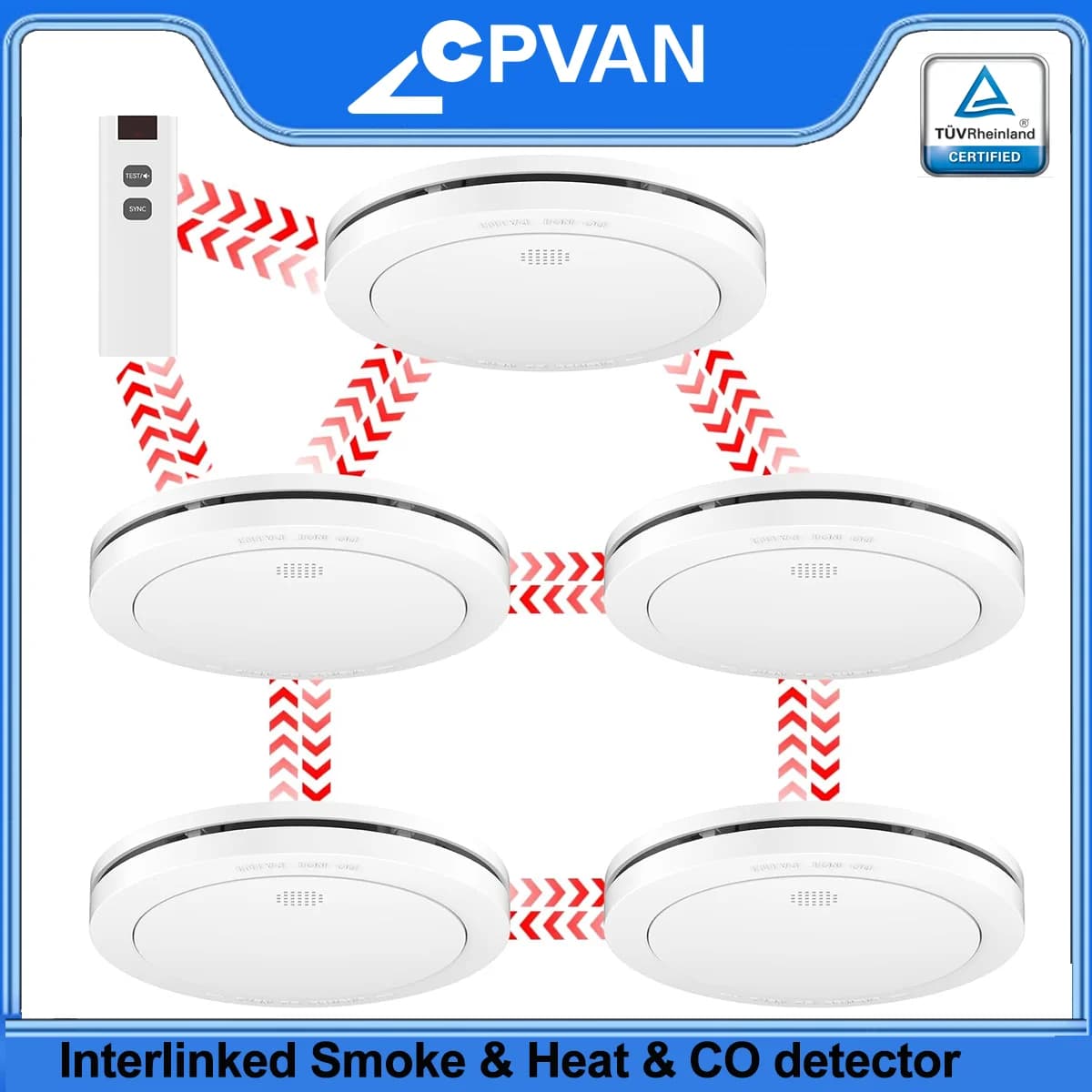 CPVAN Rilevatore di fumo interconnesso, allarme di calore e rilevatore di allarme di monossido di carbonio Batteria da 10 anni Allarme antincendio wireless certificato V