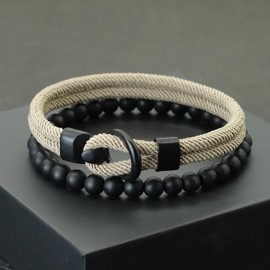 Nuovo Set di 2 Bracciali da Uomo, Doppio Strato in Corda, Stile Nautico, con Pietra Onice Nera da 6mm, Accessori Casual, Pulseria