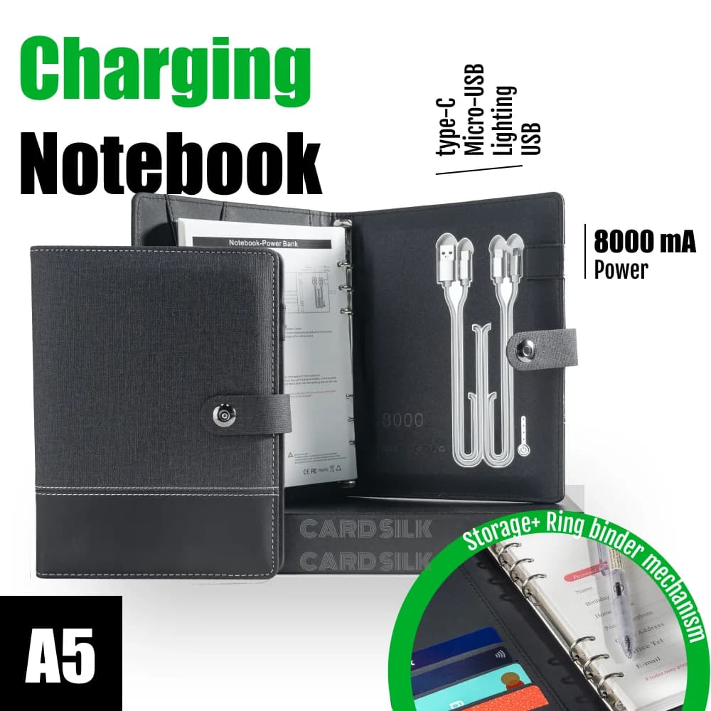 A5 Wireless Charging Notebook with Linen and Leather Cover, 3-in-1 Cable, Card Slots, Document Pocket and Premium Paper