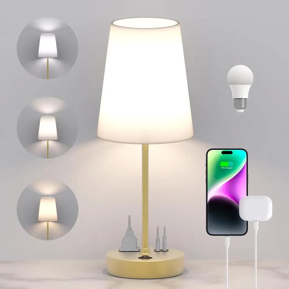 3 Level Dimmable Table Lamp with AC socket and USB-C Charging Doors, Ideal for Bedroom, Living Room, Desk and Home Office