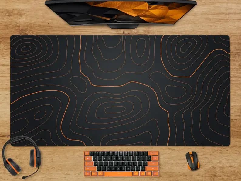 Tappetino per mouse astratto topografico, tappetino per scrivania topografica, tappetino per mouse grande da gioco con mappa geografica arancione XXL, accessori da gioco, tappeto per giocatori