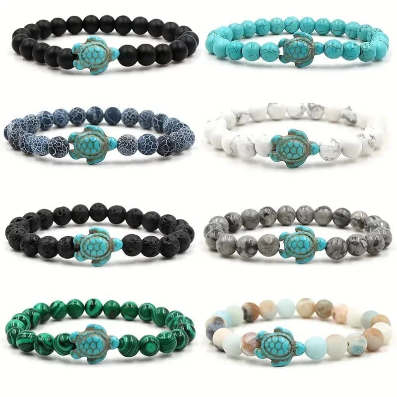 Bracciale con perline tartaruga spiaggia sabbiosa per uomo Bracciale con pietra naturale lavica nera Braccialetti elastici con filo fatto a mano