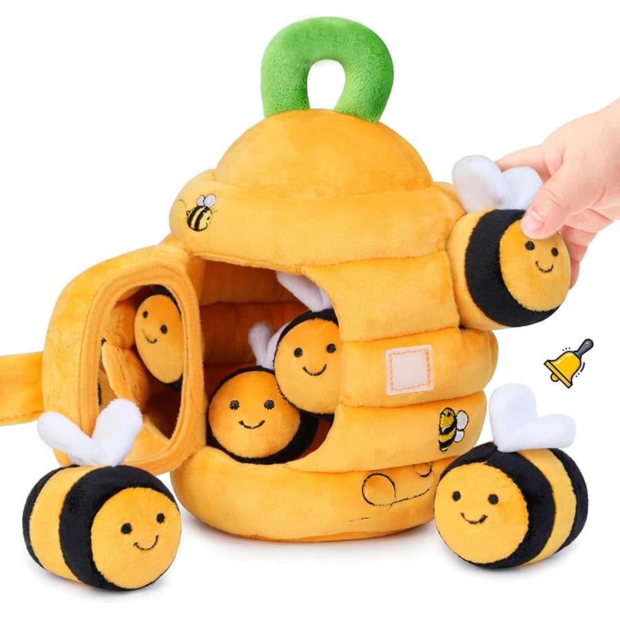 Giocattoli per bambini 6-12 mesi Morbido Alveare per bambini con 5 Sonaglio sensoriale per api Specchio Piega Squeaker Occupato Montessori Peluche per i più piccoli
