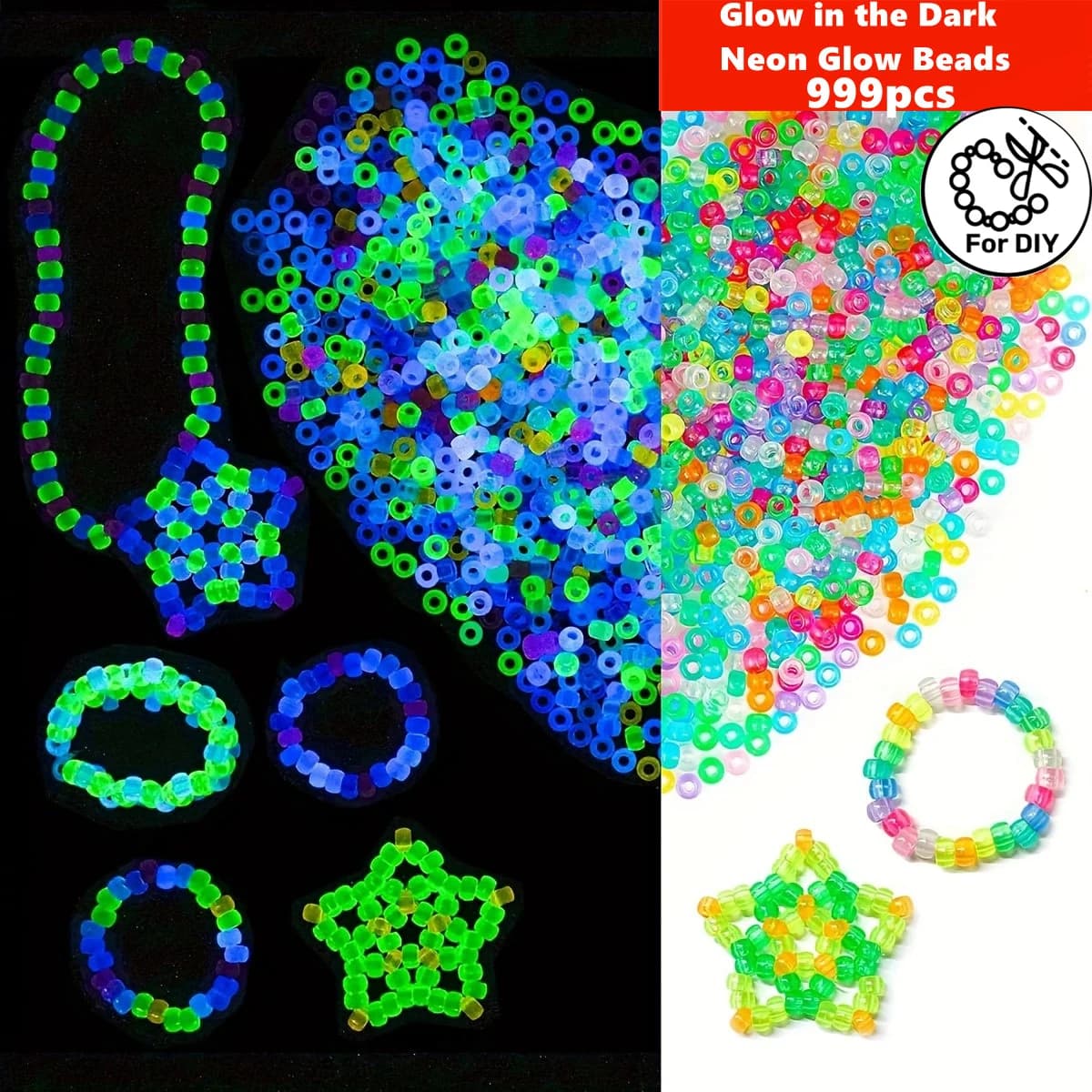 999pcs 6*9mm Glow in the Dark Neon Glow Beads Compatible for Bracelets, Hair Braids, Necklaces for DIY Making