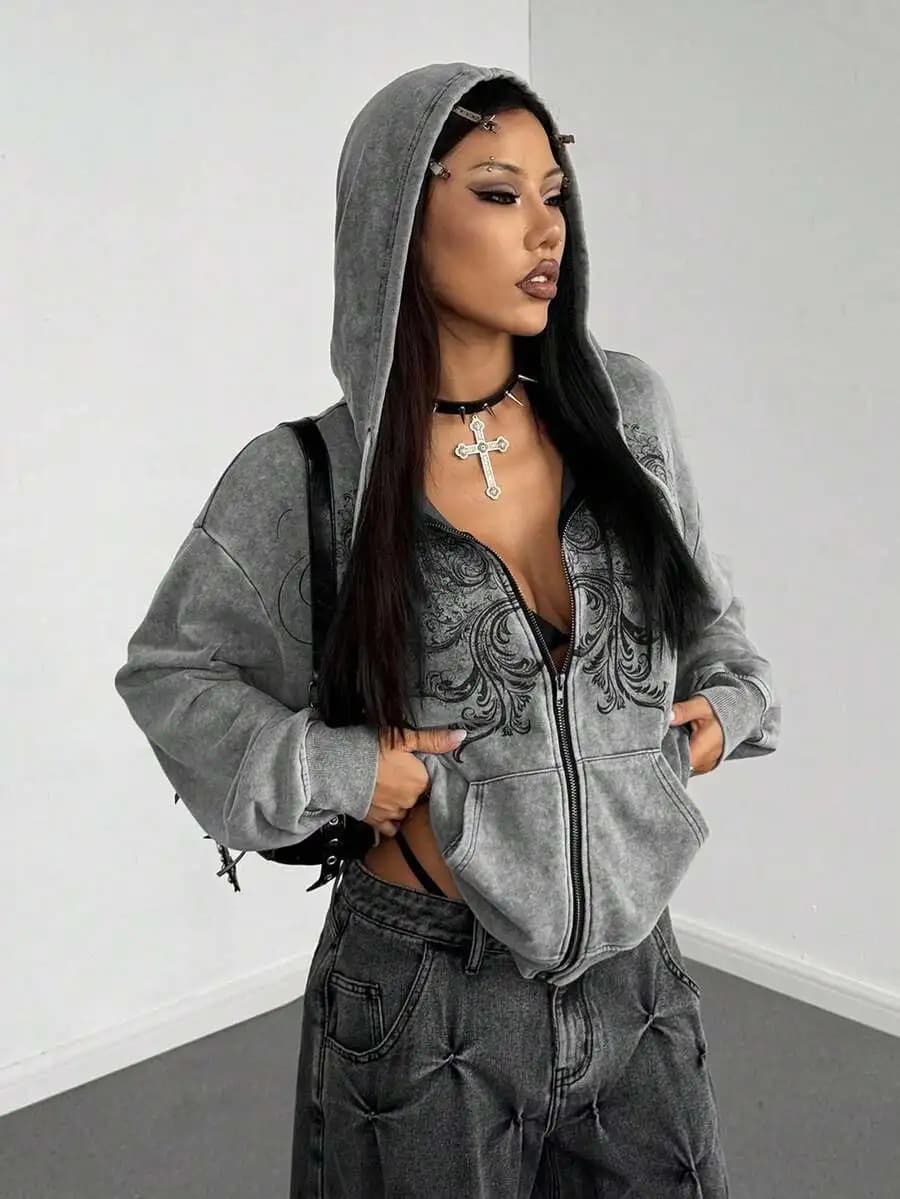 Gothic Y2K Distressed Zip-Up Hooded Sweatshirt For Women, Loose Fit Retro Streetwear Top Autumn Winter
