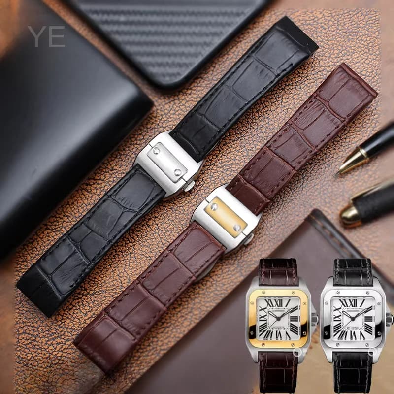 Per Cartier Santos Sandoz Serie 24.5 23 20mm Supporto impermeabile Fibbia deployante in acciaio solido Cinturino per orologio in pelle di vacchetta marrone nero