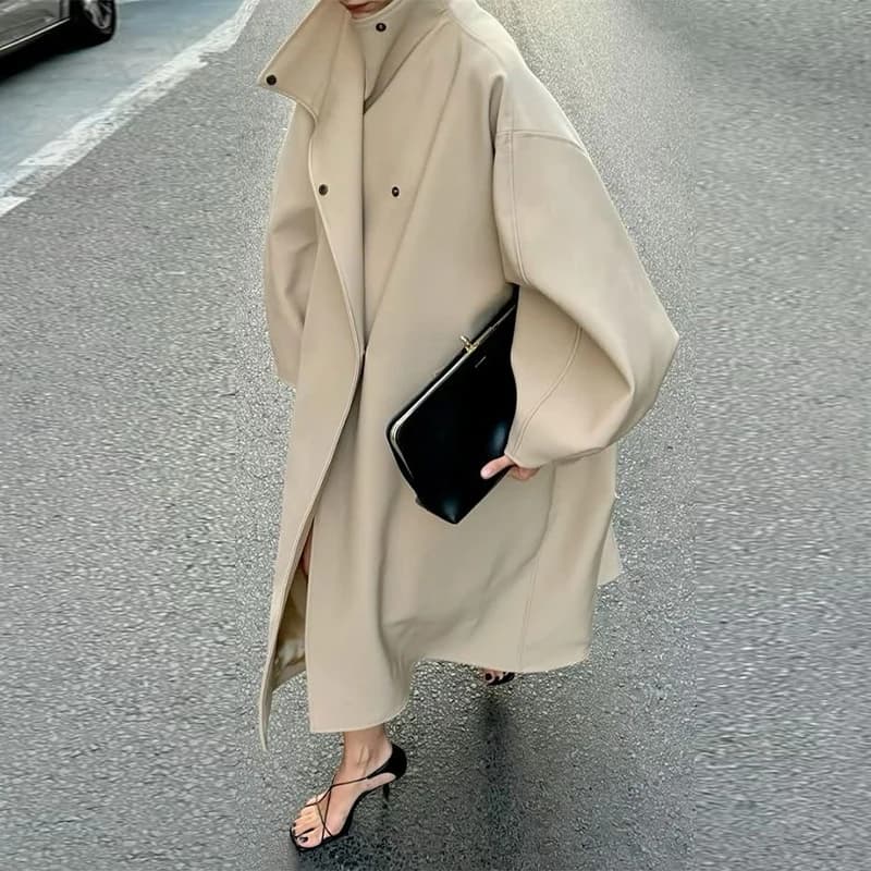 Elegant Faux Suede Women Long Coat Stand Collar Bat Sleeve Solid Color Oversize Outerwear 2026 Fall Winter Female Street Jacket
