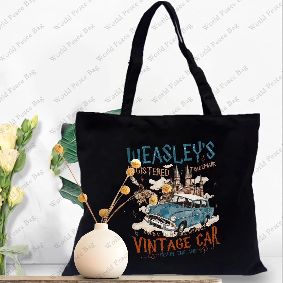 Borsa tote con motivo Wizard Flying Car, borsa a tracolla in tela per viaggi, pendolarismo quotidiano, borsa per la spesa riutilizzabile da donna