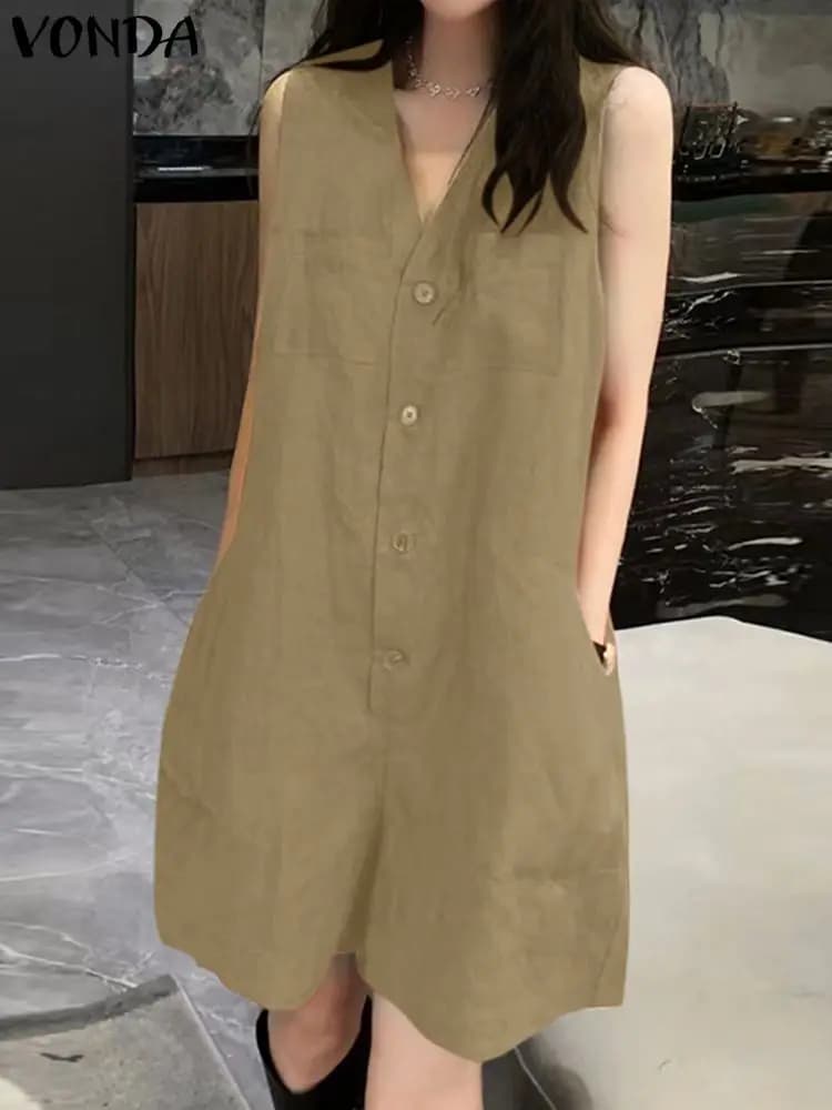 VONDA Women Short Jumpsuits Summer Sexy Sleeveless Rompers Casual Loose Fashion V Neck Pockets Solid Playsuits Party Overalls