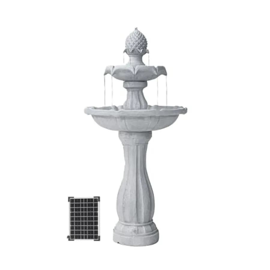 Fontana Solare a 2 Livelli in Resina di Fibra di Vetro Bianca Alta 44 Pollici con Pannello Solare e Pompa con Spegnimento Automatico per Decorazione Casa Giardino Cortile