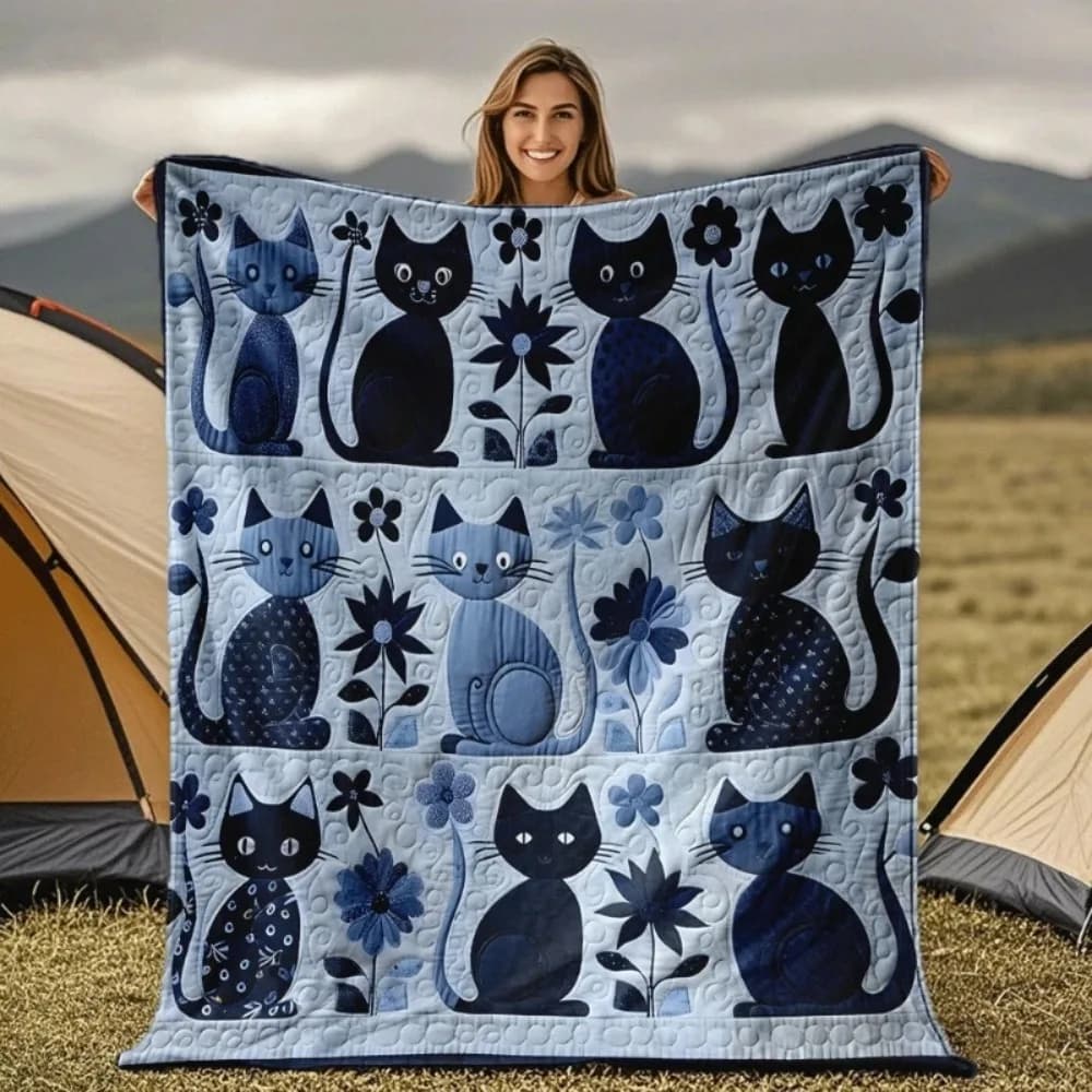 Coperta Trapuntata con Motivo Floreale e Gatto Blu, per Campeggio, Viaggi, Divano, Letto, Calda e Accogliente, Regalo per Amanti dei Gatti