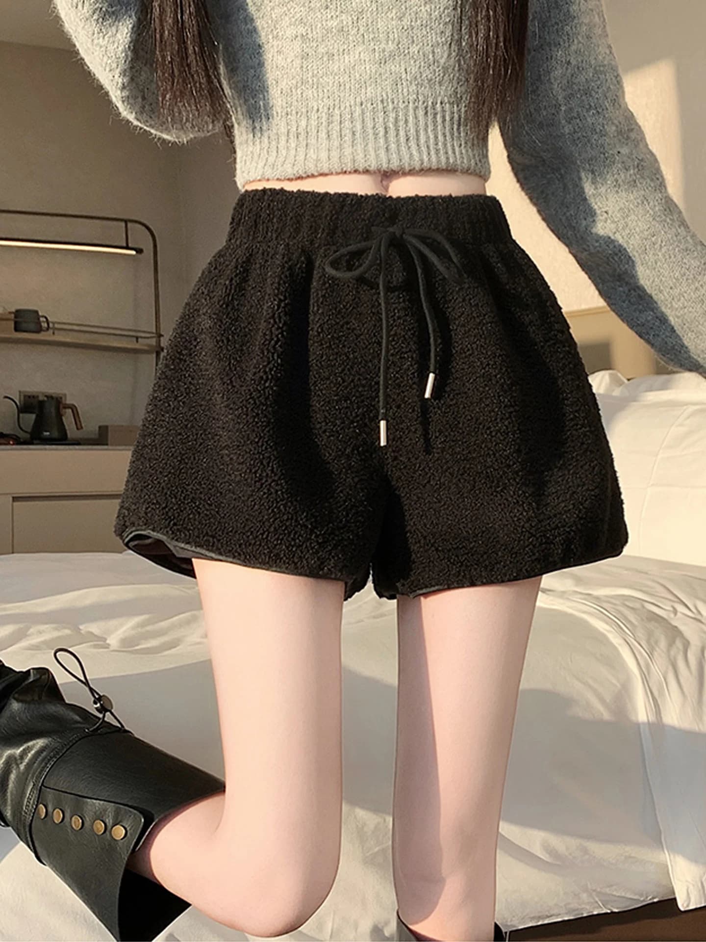 Pantaloni a vita alta in pile a gamba larga a trapezio, da donna, autunno inverno, alla moda, effetto snellente, stile bootcut