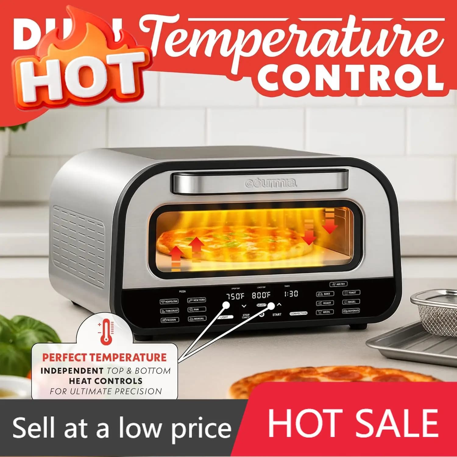 Forno Multifunzione da Banco 1800W con Funzione Pizza, Friggitrice ad Aria e Tostapane, con Pietra Refrattaria, Controlli Digitali, Sei Programmi Preimpostati, in Acciaio Inossidabile
