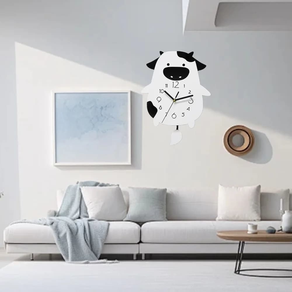 Cartoon Cow Acrylic Wall Clock Silent Movement 10.24X14.57in Cartoon Cow Clock Swing Tail Pendulum Non-Ticking Design