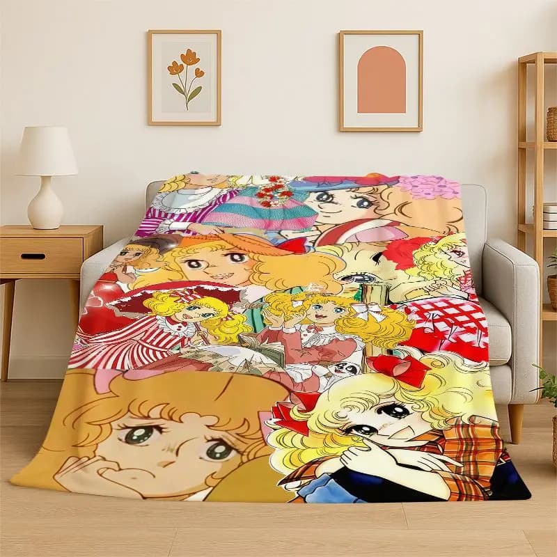 Cute Candy Candy Girl Cartoon Flannel Blanket Soft Warm Throw Blanket for Bedroom Living Room Bed Travel Camping Picnic Gift