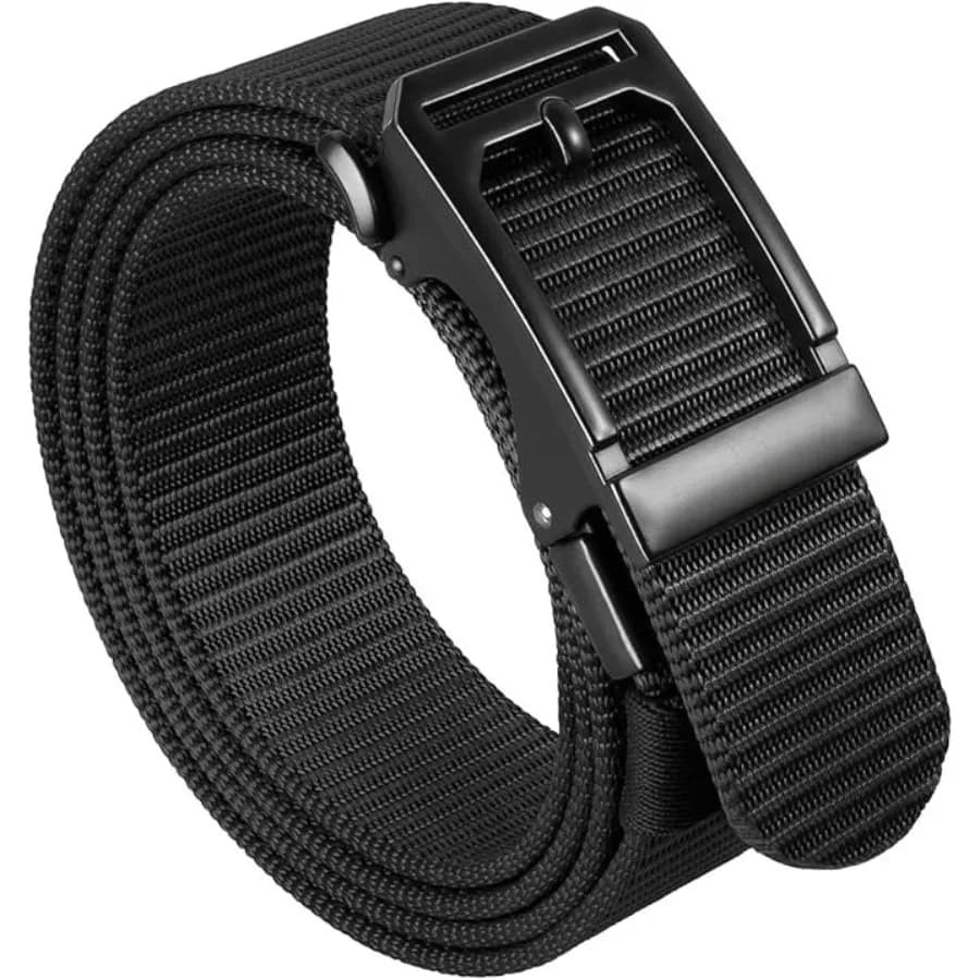Men's Ratchet Tactical Belt, 1.5" Nylon Web Work Belt with Automatic Slide Buckle, Adjustable Trim to Fit, Large-for Waist 42"-46" (Length 53"), Black