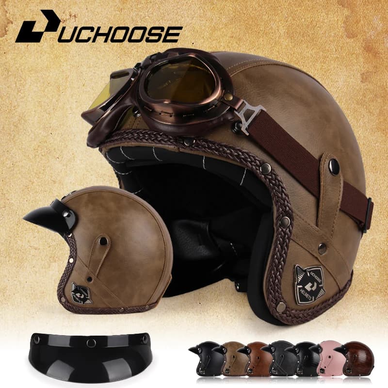 UCHOOSE Retro Motorcycle Helmet PU Open Face 3/4 Bicycle Helmets Chopper Classic Vintage Motorcycle Helmet